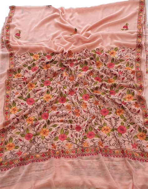 Pink Embroidered Kashmiri Aari Work Georgette Floral Design Saree ...