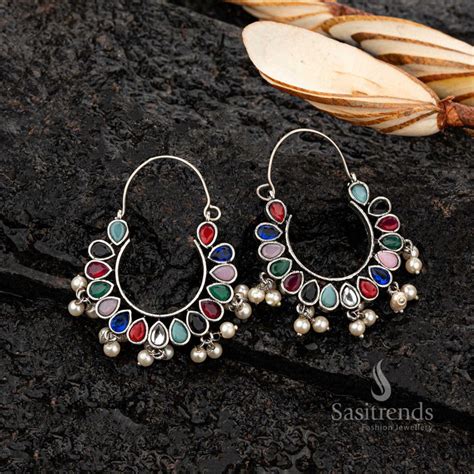 Oxidised Hoop Earrings with Pear Stones and Pearl Drops – Sasitrends