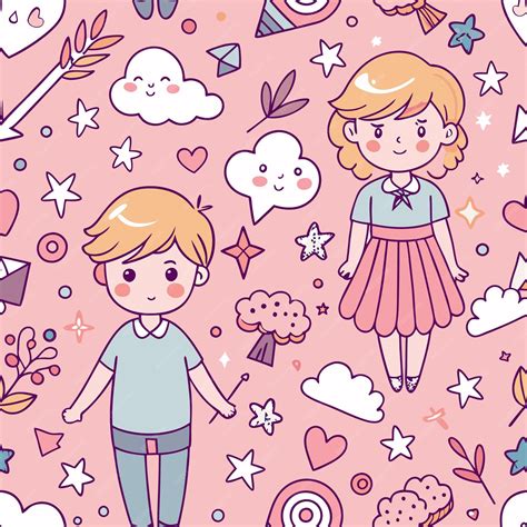 Seamless pattern of cute cartoon children with hearts clouds stars and ...