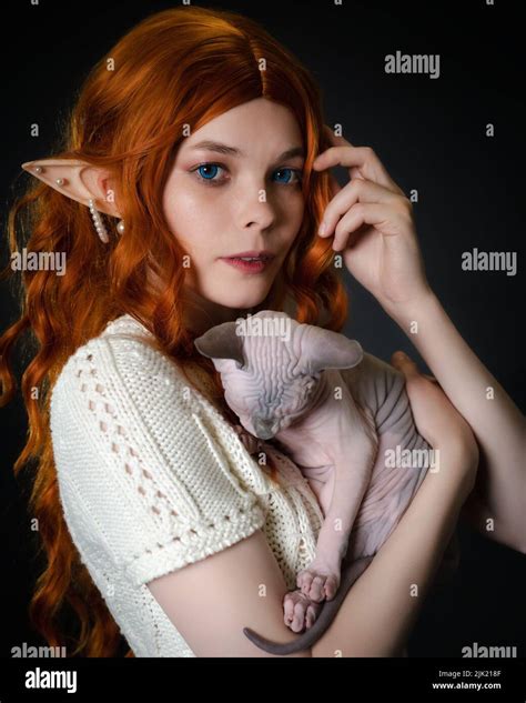 Young female elf cosplay with sleeping Sphinx kitten. Close-up portrait on black background ...