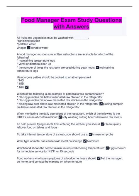 Food Manager Exam Study Questions with Answers - Texas food manager ...