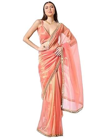 Buy ORHANS Women's Pure Chiffon Saree With Mirror Work Lace | Designer ...