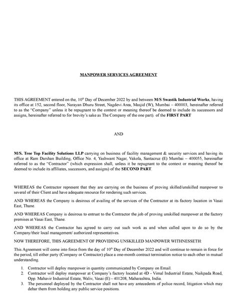 Agreement - Swastik Industrial Works - MANPOWER SERVICES AGREEMENT THIS ...