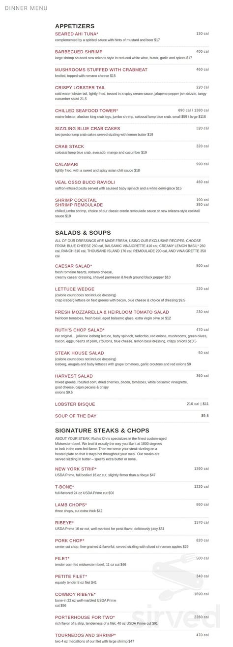 Ruth's Chris Steak House menu in Columbus, Ohio, USA
