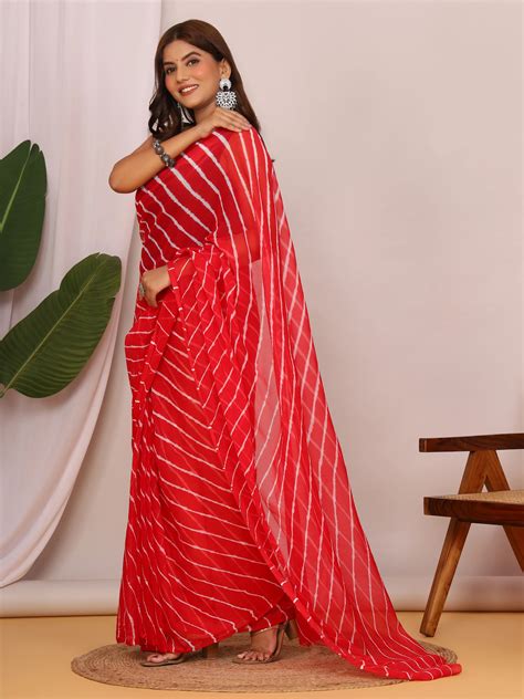 Chiffon Saree | Red Saree with Hand-Tied Lehriya Pattern – Ethnic Treasures