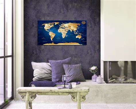 Youkiswall art Blue World Map Wall Art - Large Framed Canvas Print ...