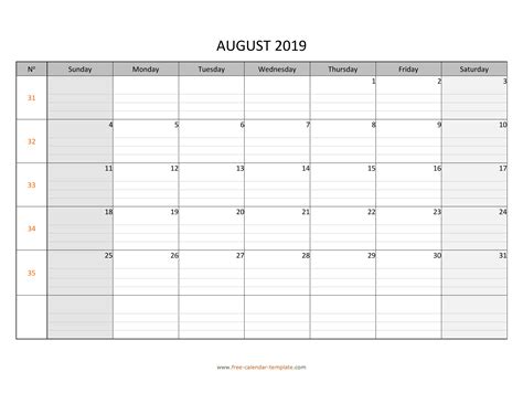August 2019 Calendar Free Printable with grid lines designed ...