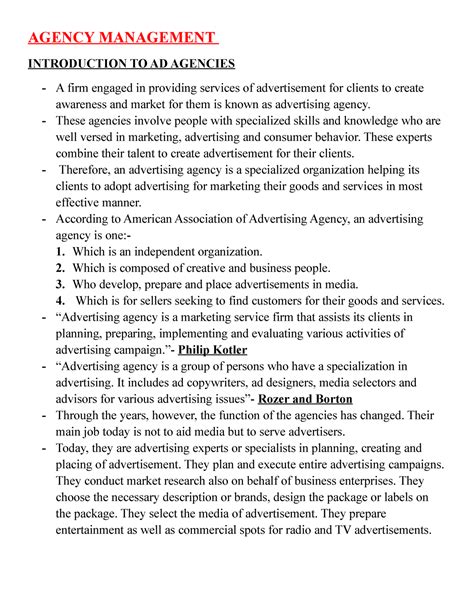 UNIT 1 - mass com - AGENCY MANAGEMENT INTRODUCTION TO AD AGENCIES A ...