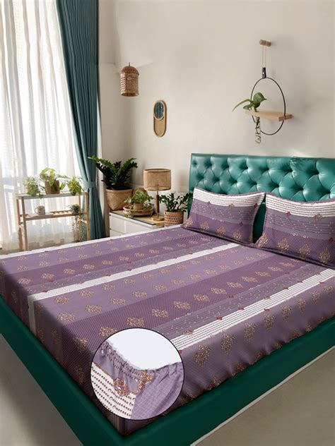 Purple Geometric 300 TC Cotton Blend Fitted Double Bedsheet in Book Fo ...