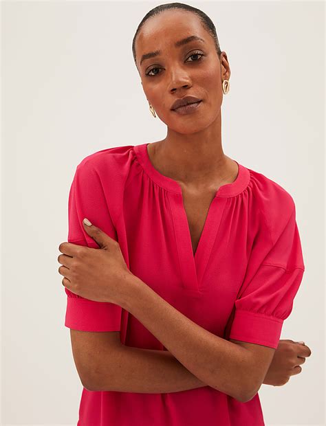 Buy V-Neck Puff Sleeve Popover Blouse at Marks & Spencer