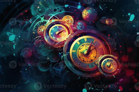 Clock and clock gears in space futuristic abstract background vibrant ...