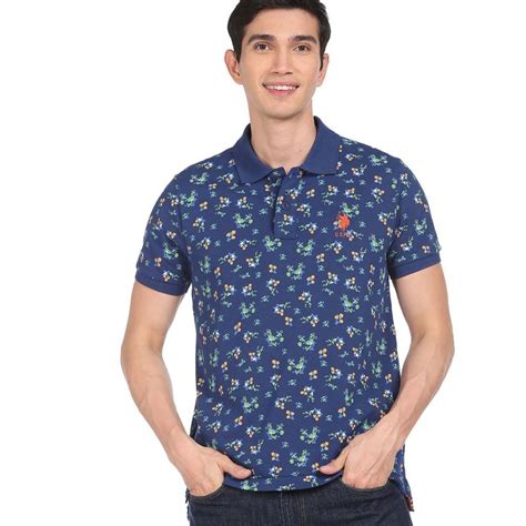 Buy U.S. POLO ASSN. Men Blue Floral Print Cotton Polo T-Shirt Online