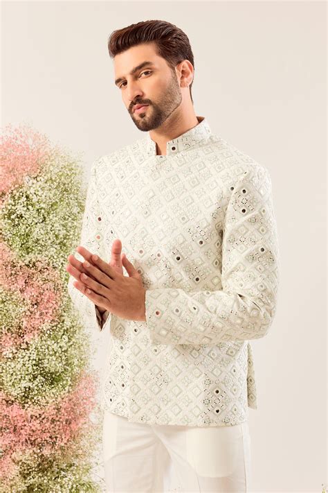 our signature white mirror work bandgala with intricate aqua thread ...