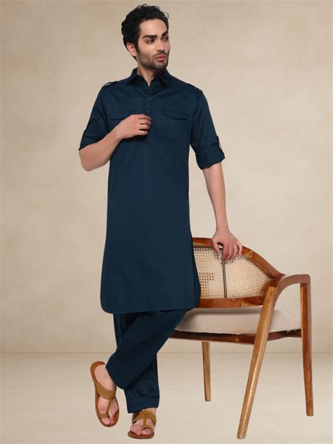 Plain Navy Blue Military-Style Pathani Suit – Bettino