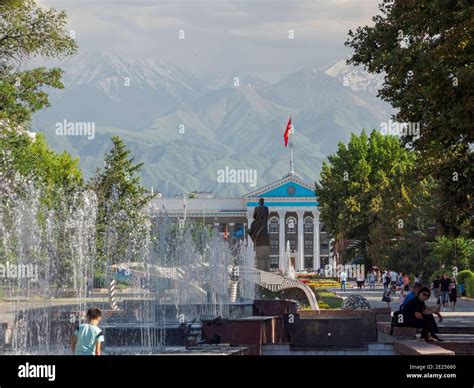 Fountains in the city center The capital Bishkek . Asia, Central Asia ...