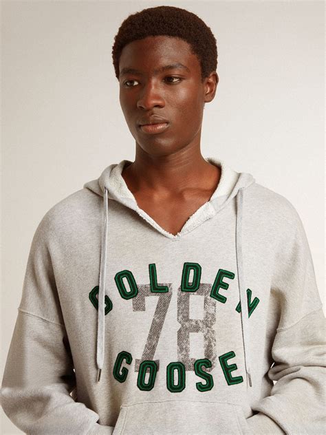 Hooded sweatshirt in worn gray with embroidered vintage logo | Golden Goose