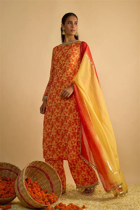 Yellow and Orange Floral Printed Hand Embroidered Kurta Set in Georget