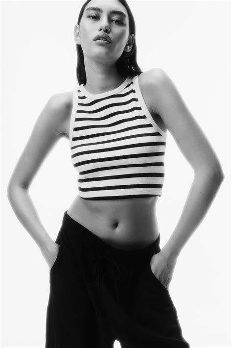 Cropped ribbed vest top - Cream/Black striped - Ladies | H&M IN