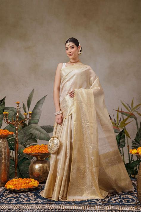 Isa Beige Tissue Woven Ready to Wear One Minute Saree – ONE MINUTE ...