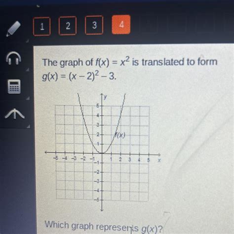 The graph f(x)=x^2 is translated to form g(x)=(x-2)-3 - brainly.com