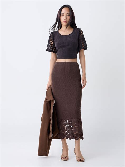 Buy LOV Dark Brown Crochet-Detailed Ribbed High-Rise Cotton-Blend Skirt ...