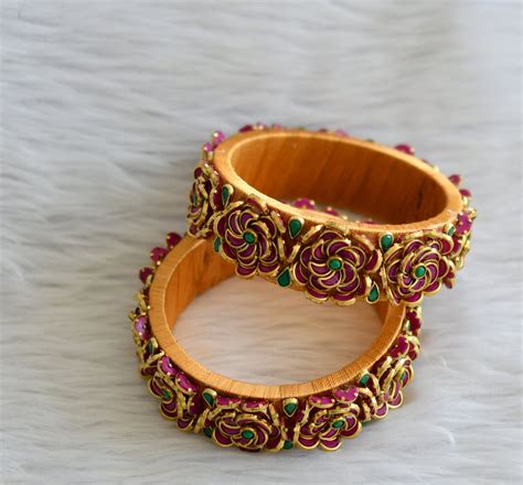 Gold tone silk thread pink-green kundan flower bangles(2.4) dj-45877 ...