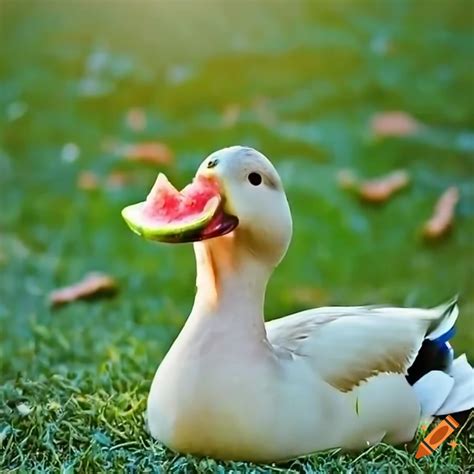 Happy duck eating a juicy piece of watermelon on grass on Craiyon