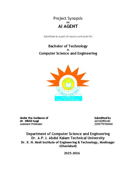 01 Synopsis format - Ddddddd - Drawing - Project Synopsis on AI AGENT ...