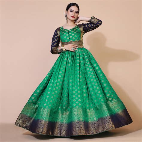 Green Floral Woven Jacquard Anarkali Style Gown