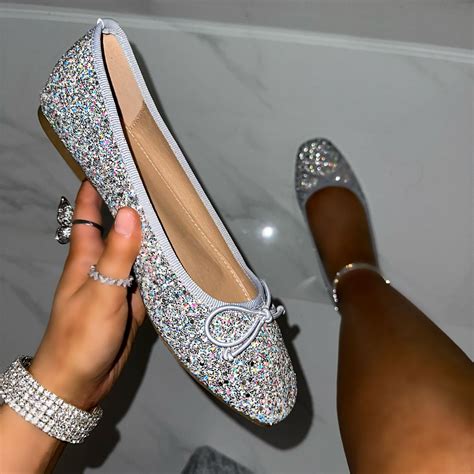 Glitter Ballet Flats For Women Leonie Silver Leather Ballet Flat