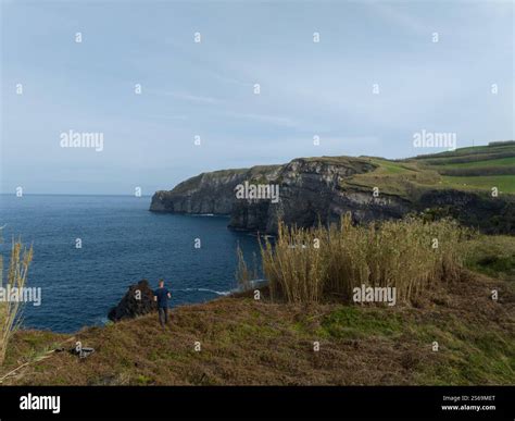 green grassland and rock land landscape of the Azores islands in the Atlantic ocean, touristic ...