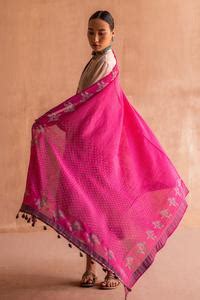 Buy Pink Hand Block Printed Polka Dots Floral Tassel Dupatta For Women ...