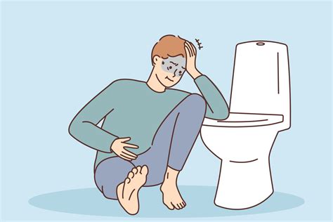 Unhealthy young man sitting near toilet suffer from food poisoning or ...