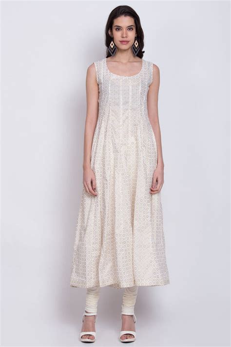 Off White Poly Cotton Flared Kurta Churidar Suit Set