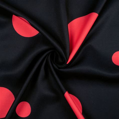 Black And Candy Red Polka Dot Pattern Digital Print Poly Micro Crepe F ...