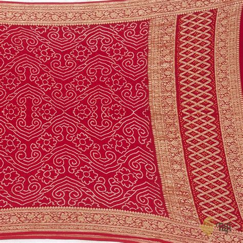 Deep Red Pure Georgette Banarasi Handloom Bandhani Dupatta - Tilfi