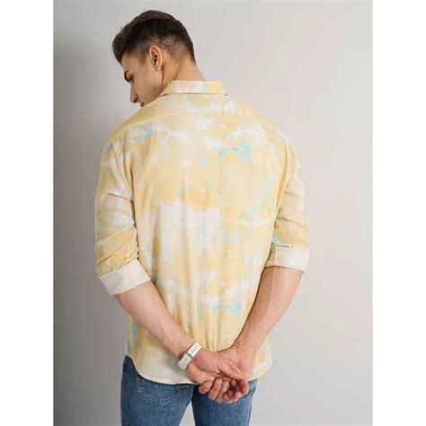 Celio* Abstract Regular Fit Linen-Blend Yellow Shirt