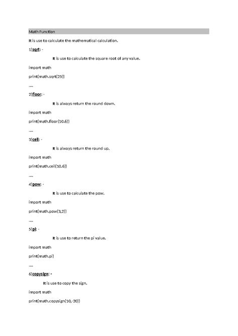 Math Functions - Lecture Notes on Python Math Module - Studocu