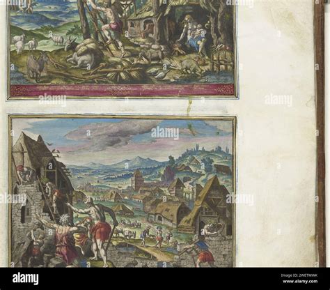 Cain builds the city of Enoch, 1583 print In the foreground Cain ...