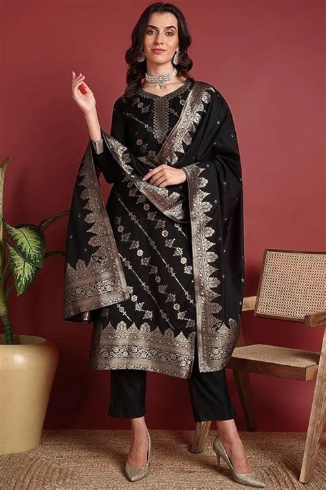 Buy Black Silk Blend Ethnic Motifs Woven Design Straight Suit Set ...
