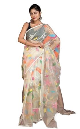 Buy BENGAL LOOMS Peacock and Floral Motif Work Muslin Silk Jamdani ...