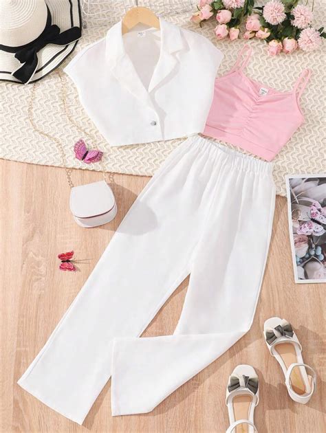 Teen Girls' Batwing Short Sleeve Blouse, Ruffled Cami Tank Top And Long ...