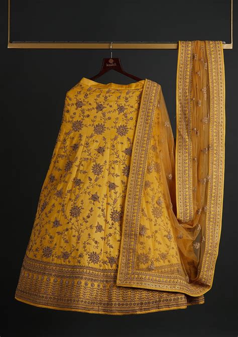 Buy Yellow Stonework Art Silk Semi Stitched Lehenga - Koskii