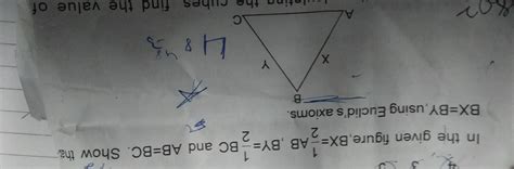 BX =1/2ab , by=1/2bc and AB =BC Show that BX=BY using Euclid axioms ...