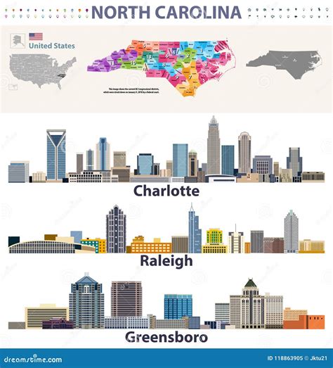Vector Congressional Districts Map and Major Cities Skylines of North ...