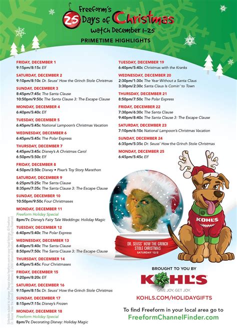Freeform ABC Family 25 Days Of Christmas Movies Schedule 2018