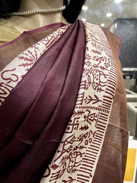 SP24A137 Brown White Pure Block Print Tussar Silk Saree – Paarijaatham.com