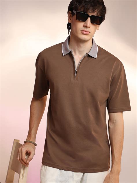₹674 | Campus Sutra men's Chocolate Brown Solid Oversized Polo T-Shirt ...
