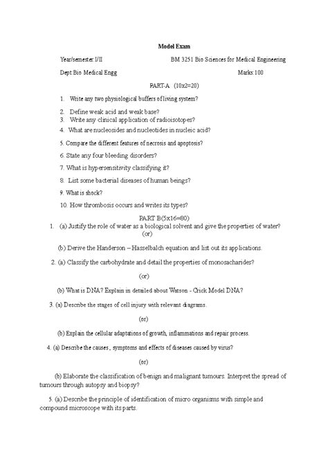 BM 3251 Model Exam: Bio Sciences for Medical Engineering Questions ...