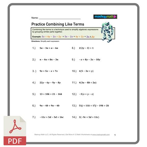 Combining Like Terms Worksheets—Printable with Answers — Mashup Math